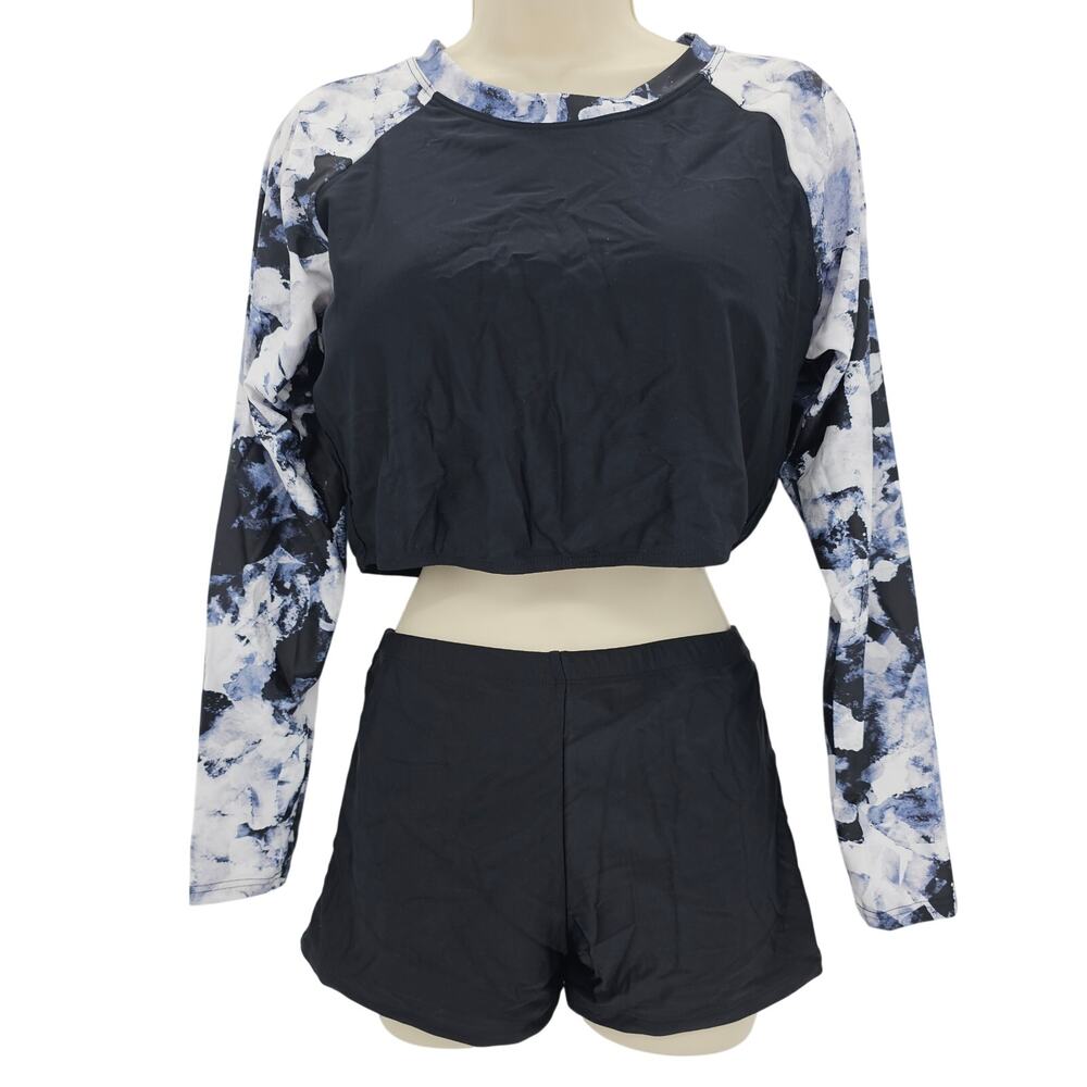 Yonique Womans size XL 2 Piece Rash Guard Bikini Boyshorts Swimsuit Black NWOT